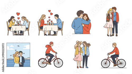 Large set of small illustrations depicting couples on romantic dinner dates walking together and individuals riding bicycles outdoors.