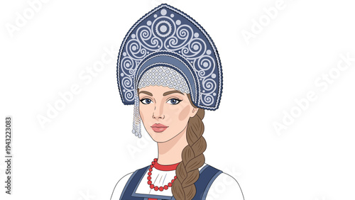 Portrait of a beautiful woman in traditional Russian clothing wearing an intricate blue kokoshnik headpiece and a long blonde braid.
