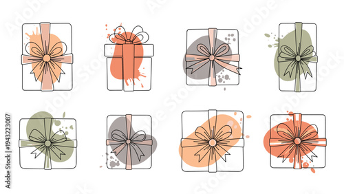 Collection of eight minimalist gift box drawings, each accented with a unique colorful watercolor splash and a bow.