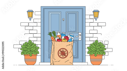 Grocery delivery left at a house door during a pandemic, featuring a paper bag with a no virus symbol on the front.