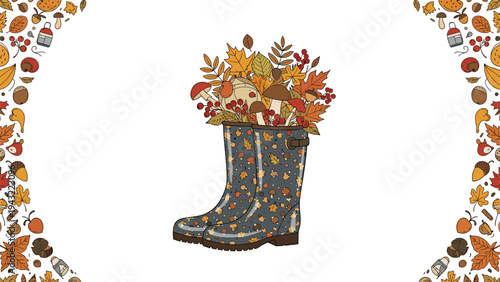 Pair of patterned rubber rain boots filled with a festive arrangement of autumn leaves, mushrooms, and berries on a white background.