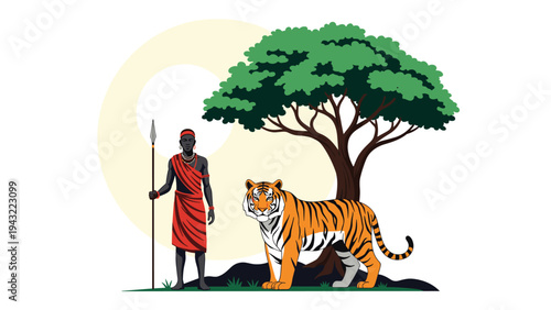 Powerful illustration of an African warrior with a spear standing beside a large tiger under the shade of a wide tree.