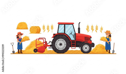 Agriculture farming scene with tractor collecting hay and kids harvesting crops flat vector illustration
