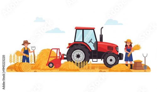 Agriculture farming scene with tractor collecting hay and kids harvesting crops flat vector illustration