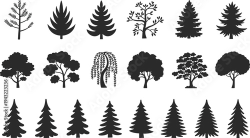 Collection of black and white tree silhouettes including various types of trees and plants nature