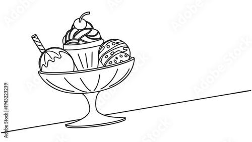 Vector illustration of delicious ice cream sundae in bowl line art vector illustration