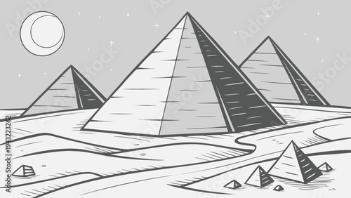 Vector illustration of egyptian pyramids desert landscape at night sketch illustration