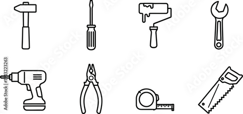 Icon bundle of essential hand tools for diy and home improvement projects