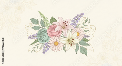 Colorful bouquet of flowers with pink white and green blooms on a light background