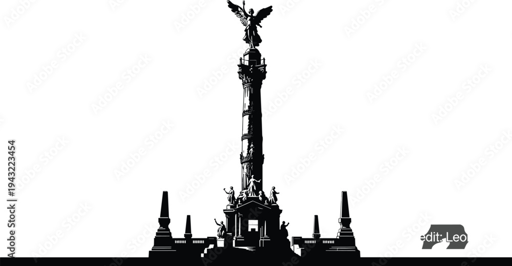 Obraz premium Angel of Independence monument silhouette, Mexico City famous landmark column with winged victory statue, historic architecture vector illustration isolated