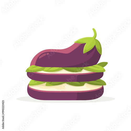 Eggplant Parmesan, 2D flat vector illustration, simple and modern style, isolated on a plain white background.
