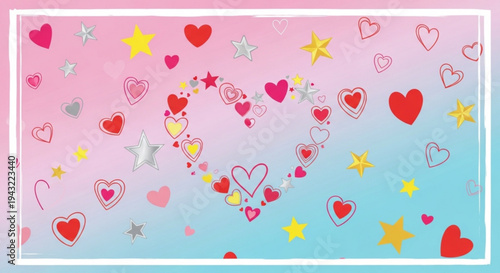Colorful heart and star pattern on pink blue background whimsical design for valentine's day love and friendship concept with gradient colors and white border
