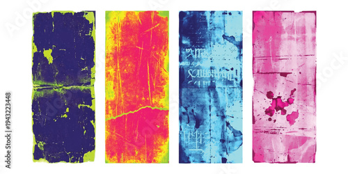 Abstract vertical panels with vibrant colors and textured paint effects in four distinct styles