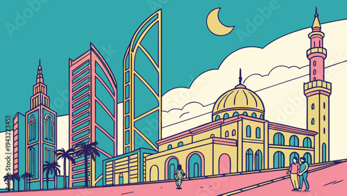 Vector illustration of kuwait city skyline illustration with modern buildings and grand mosque
