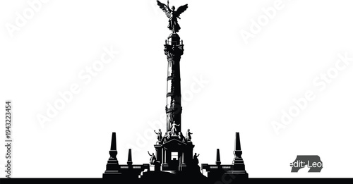 Angel of Independence monument silhouette, Mexico City famous landmark column with winged victory statue, historic architecture vector illustration isolated