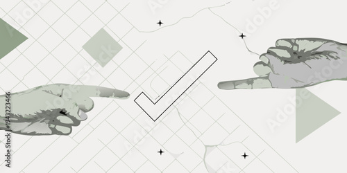 Hands pointing towards a checkmark symbol on a patterned background