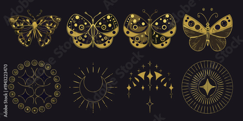 Golden butterflies and celestial shapes on a dark background