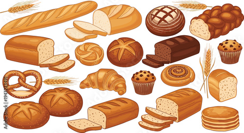 Bakery bread and pastry collection set, assorted baked goods including loaf bread, croissant, pretzel, buns and muffins, bakery food vector illustration