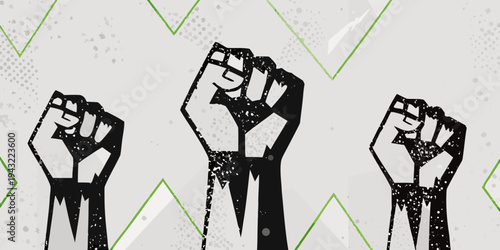 Three clenched fists raised in solidarity against a patterned background
