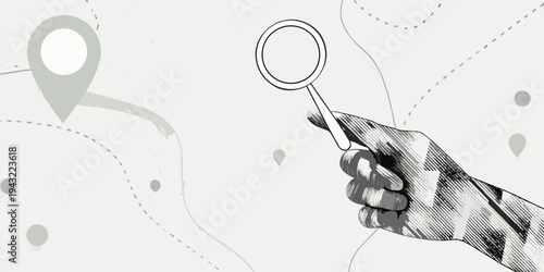 Hand holding a magnifying glass over a location pin and dotted lines