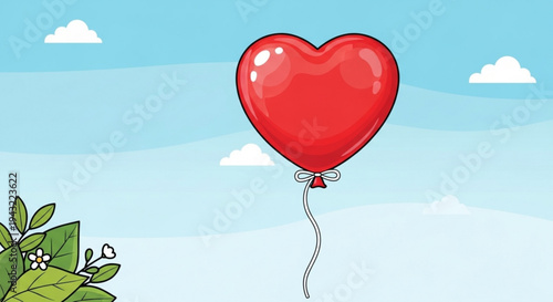 Red heart shaped balloon floating in blue sky with white clouds and green leaves