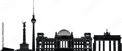 Berlin landmarks skyline silhouette with Brandenburg Gate, TV Tower and Reichstag building, historic Germany cityscape architecture travel vector illustration
