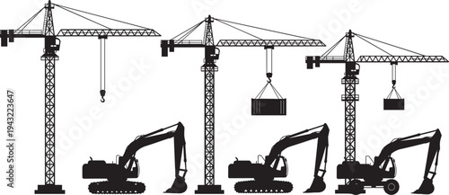 Black silhouette set of tower cranes with hanging loads and crawler excavators in different poses, construction site heavy machinery vector collection illustration