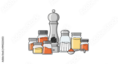 Flat lay illustration of various spice jars and containers with a pepper mill on a white background.
