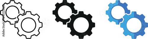 Two interlocking gear cogs demonstrate mechanical function, teamwork, settings, or engineering process in different styles.