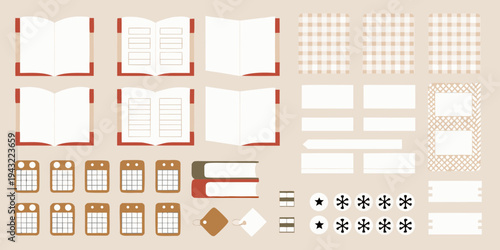 A collection of illustrated book and pattern elements on a beige background