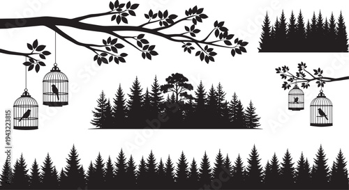 Black silhouette tree branch with hanging bird cages and birds, coniferous pine forest tree lines, vector illustration set for nature freedom design