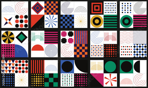 Abstract Geometric Pattern Collection Vector with Bauhaus Style Shapes and Vibrant Colors for Modern Design Backgrounds and Graphic Resources