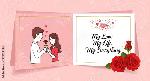 Couple sharing romantic moment with roses and valentine's day card