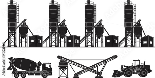 Concrete batching plant silhouette with silos hoppers conveyors, cement mixer truck, telescopic boom handler, wheel loader heavy equipment, black vector illustration set