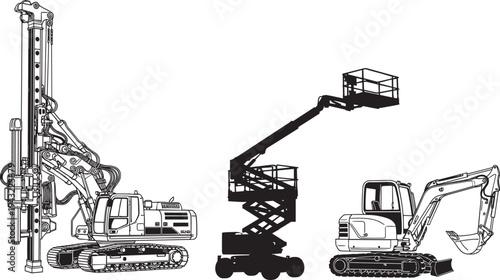 Construction machinery vector illustration, rotary drilling rig, scissor lift platform, compact excavator, heavy equipment, building site tools, infrastructure, industrial silhouette artwork
