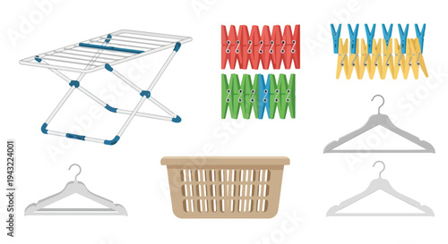 Assorted laundry drying rack, colorful clothes pegs, and hangers on a white background.