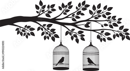 Black silhouette tree branch with leaves and two hanging bird cages with small birds inside, vector illustration for freedom, captivity, nature design