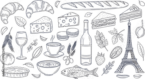 French Cuisine Hand Drawn Food Illustration Set with Croissant Baguette Cheese Wine Coffee Fish Desserts and Eiffel Tower Elements