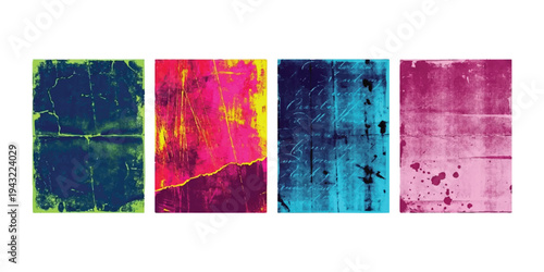 Set of four abstract colorful textured vertical panels with vibrant paint strokes and drips.