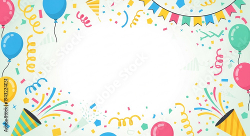 Colorful birthday celebration frame with balloons confetti and party streamers on white background for festive events