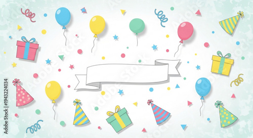 Colorful birthday celebration background with balloons gifts and confetti party decorations and banner