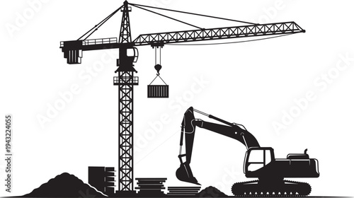 Construction site vector illustration, tower crane lifting container, excavator digging earth, building materials, industrial machinery, infrastructure development, heavy equipment, 