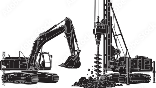 Construction site vector illustration, excavator digging earth, drilling rig with auger, heavy machinery operation, groundwork, civil engineering, foundation installation, industrial equipment, black 