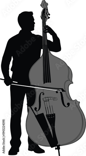 Professional musician silhouette vector illustration playing a large double bass with a bow isolated on white background for jazz classical music and orchestra concepts