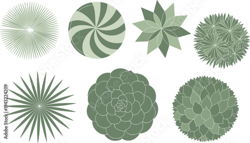 Seven circular geometric patterns in shades of green and white on a white background circular shapes