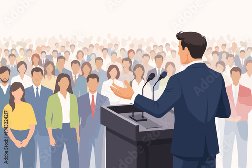 Vector Illustration of a Confident Businessman or Politician Giving a Speech from a Podium with Microphones to a Large Diverse Crowd of People at a Public Event, Conference, or Political Rally