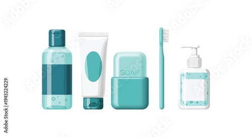 Flat lay of various teal and white bathroom essentials on a white background, including mouthwash, toothpaste, toothbrush, and hand sanitizer.
