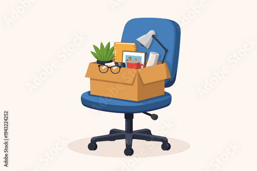 Flat Vector Illustration of a Blue Office Chair with a Cardboard Box of Personal Belongings of a Fired Employee, Including a Plant, Mug, and Lamp, Symbolizing Job Loss, Resignation, or Career Change.