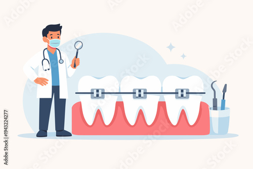 Male Dentist in White Coat and Face Mask Holding Magnifying Glass Standing Near Large Human Teeth with Dental Braces for Orthodontic Treatment, Flat Vector Illustration for Oral Healthcare.