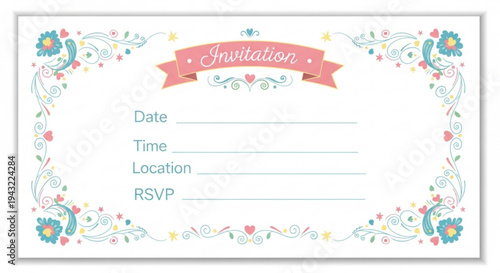 Colorful floral wedding invitation card with pink banner and blank lines for date time location rsvp on white background